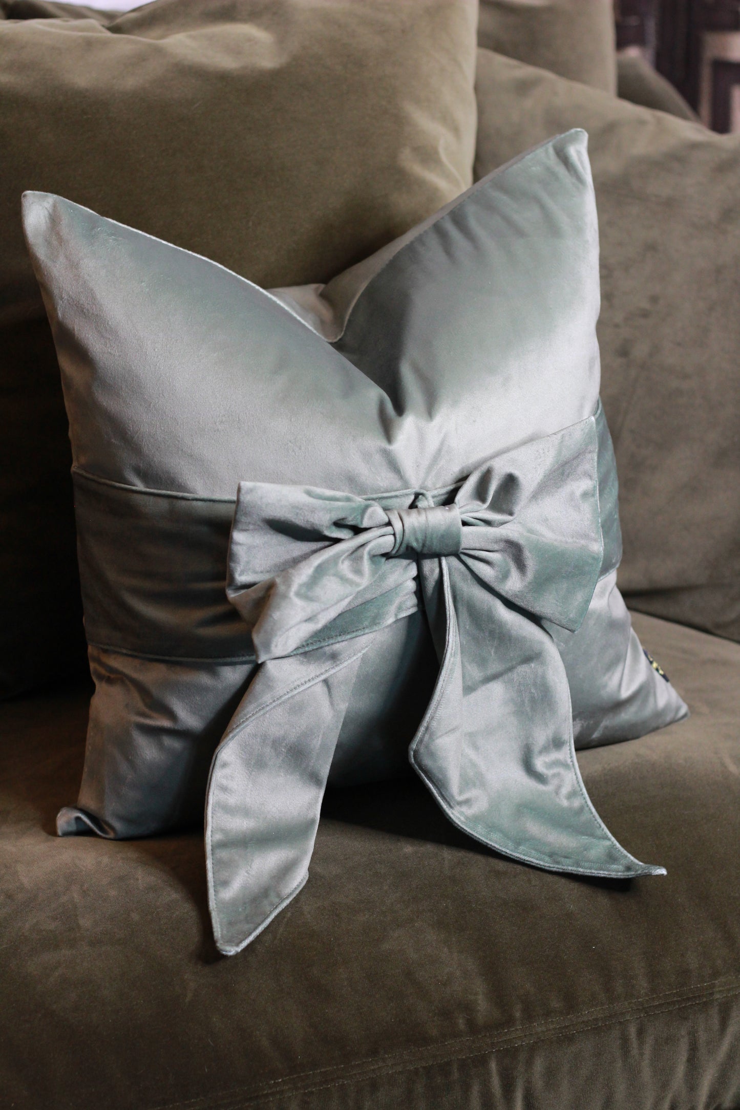 Sage Green Bow Velvet Cushion