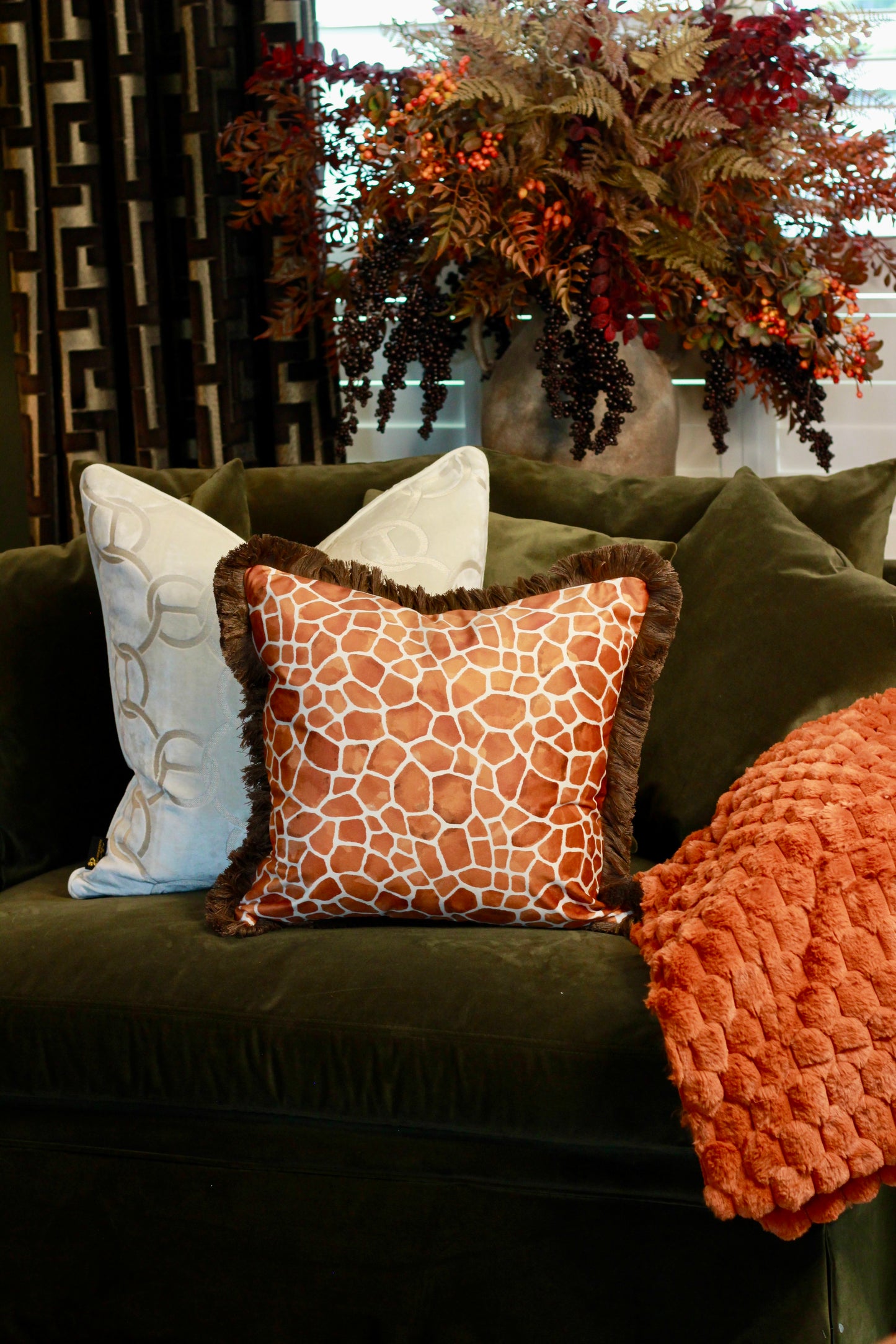 Fringed Orange Giraffe Print Cushion