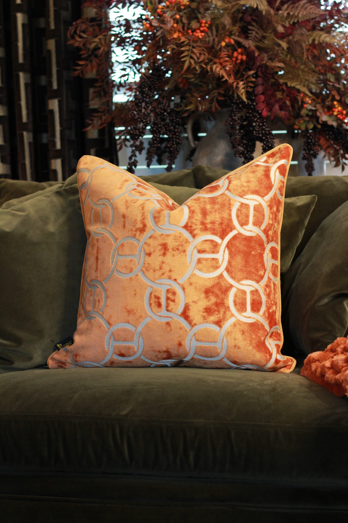 Hooked Velvet Cushion Orange