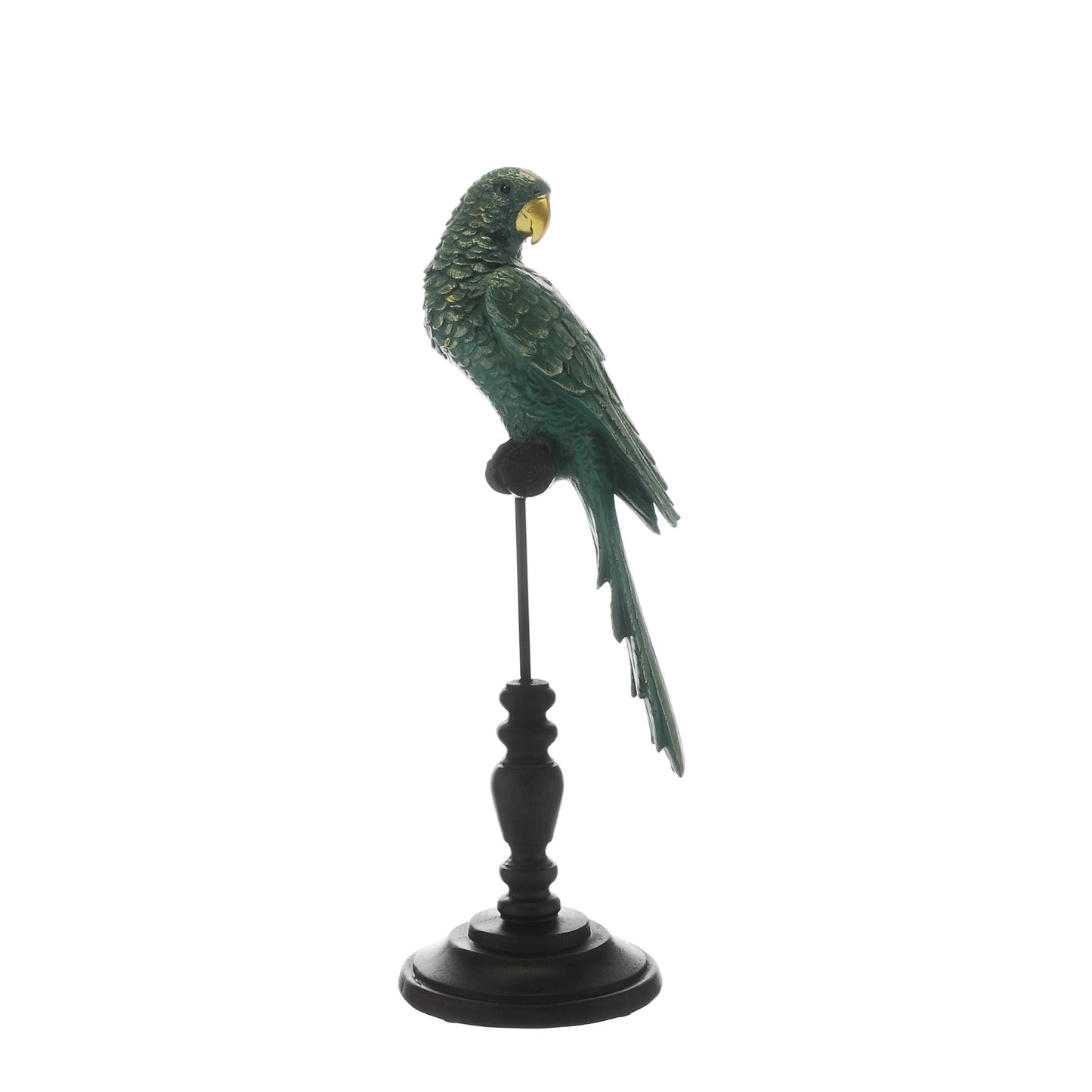 Large Tropical Parrot Tabletop Decoration on Perch styled view – Leya Buster Interiors