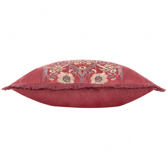 Morris & Co - Strawberry Thief Velvet Embroidered Cushion - Berry Red