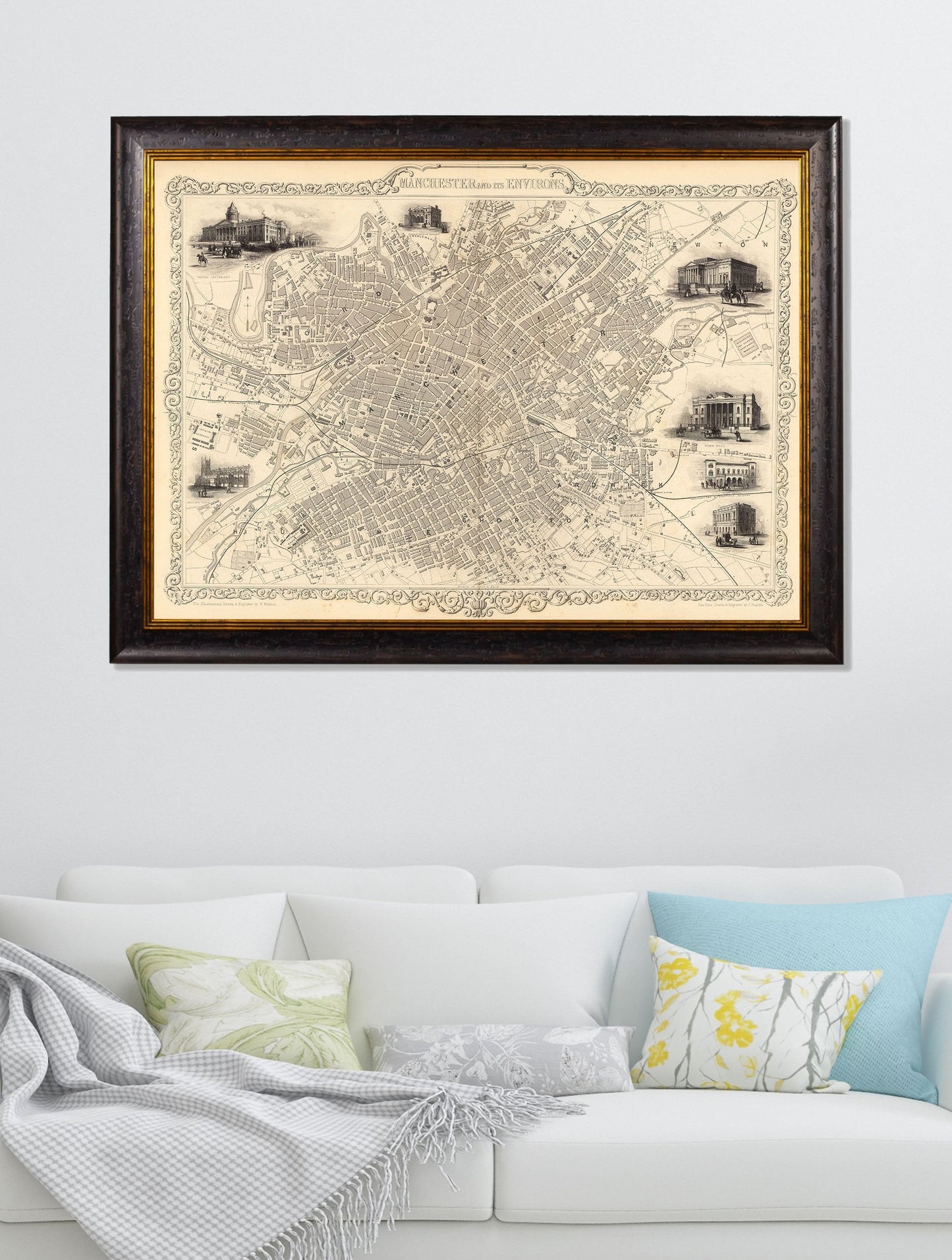 c.1851 Map of Manchester – framed wall art at Leya Buster Interiors