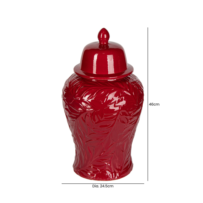 Glossy Red Leaf-Patterned Ceramic Ginger Jar