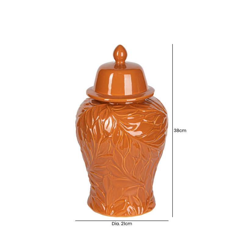 Orange ginger jar, ceramic decorative jar, embossed leaf jar, bold home décor, orange vase with lid, colourful interior accessories, statement ceramic jar