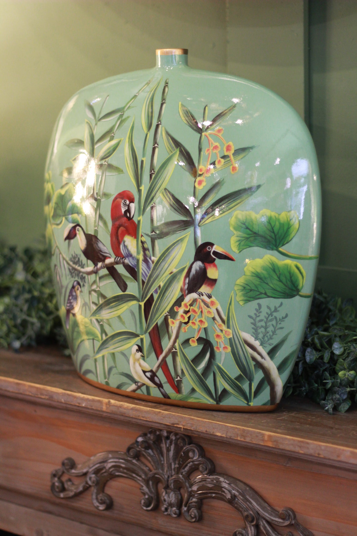 Hand Painted Tropical Birds In Paradise Vase