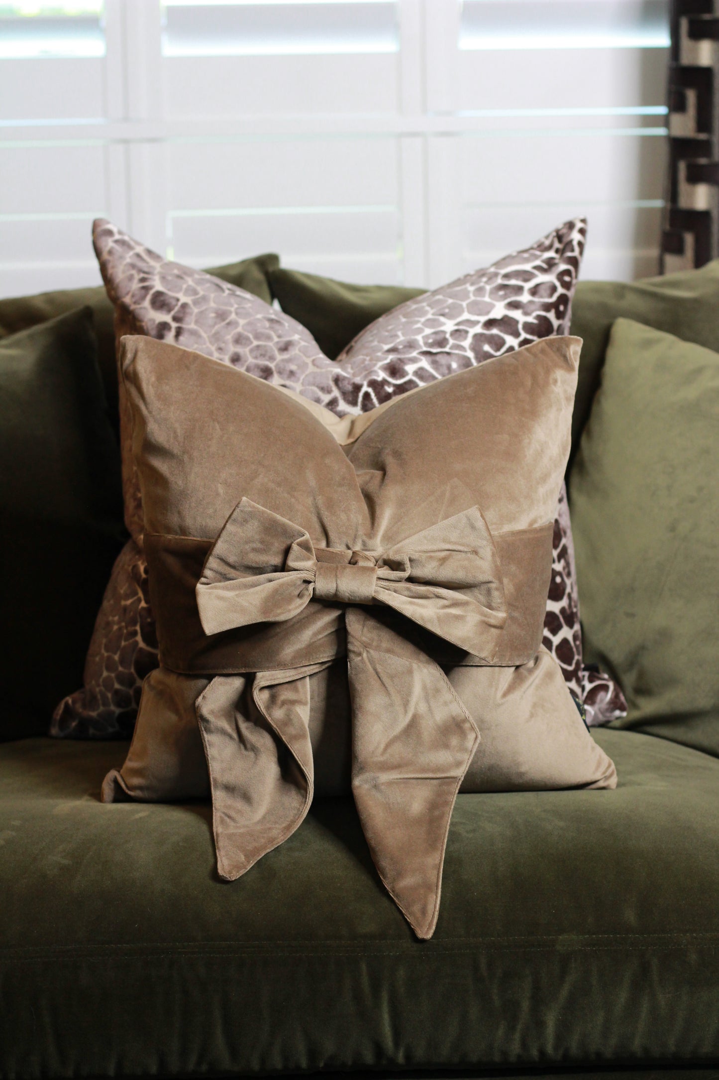 Brown Taupe Bow Velvet Cushion