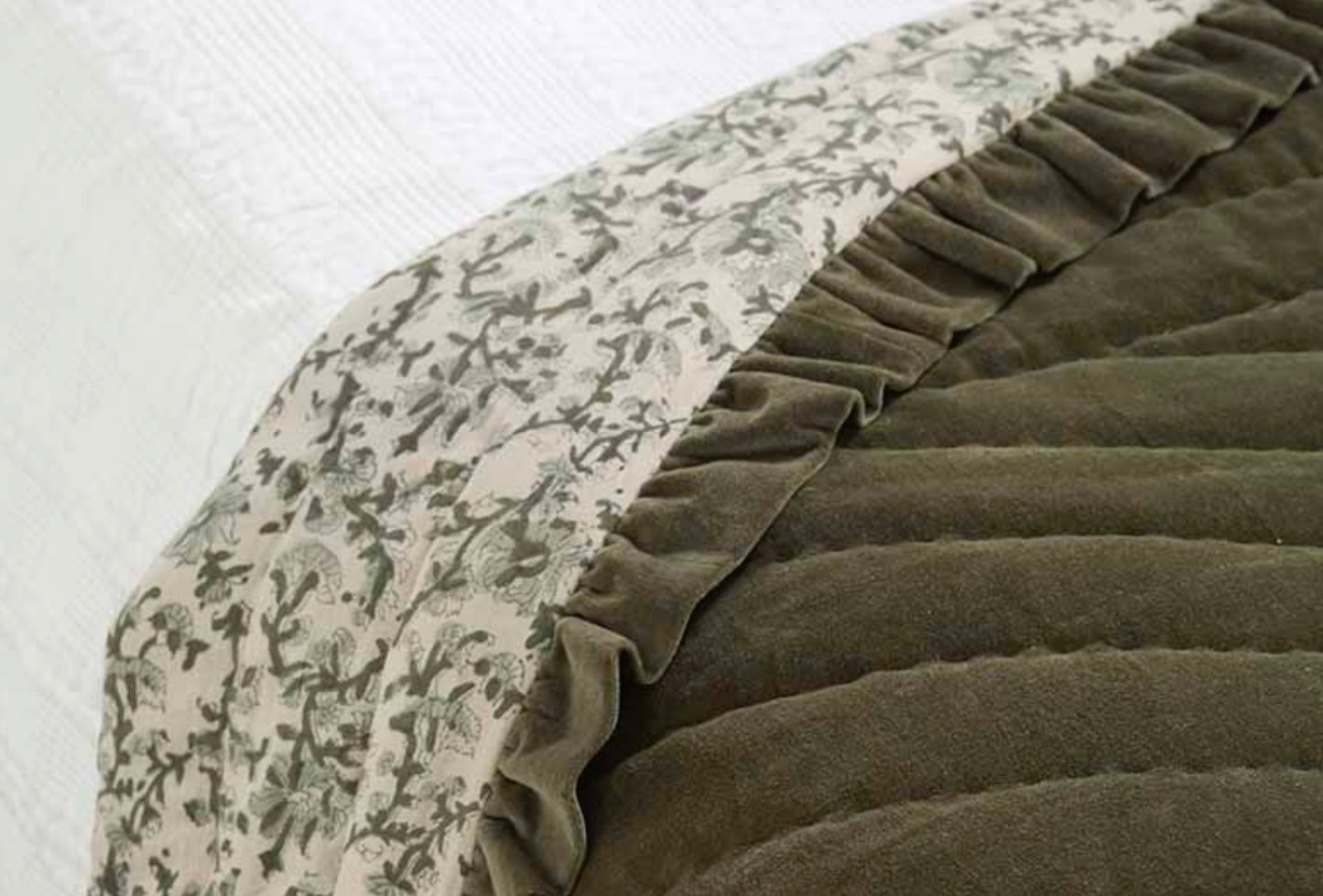 The Moorland Velvet Olive Ruffle Bedspread