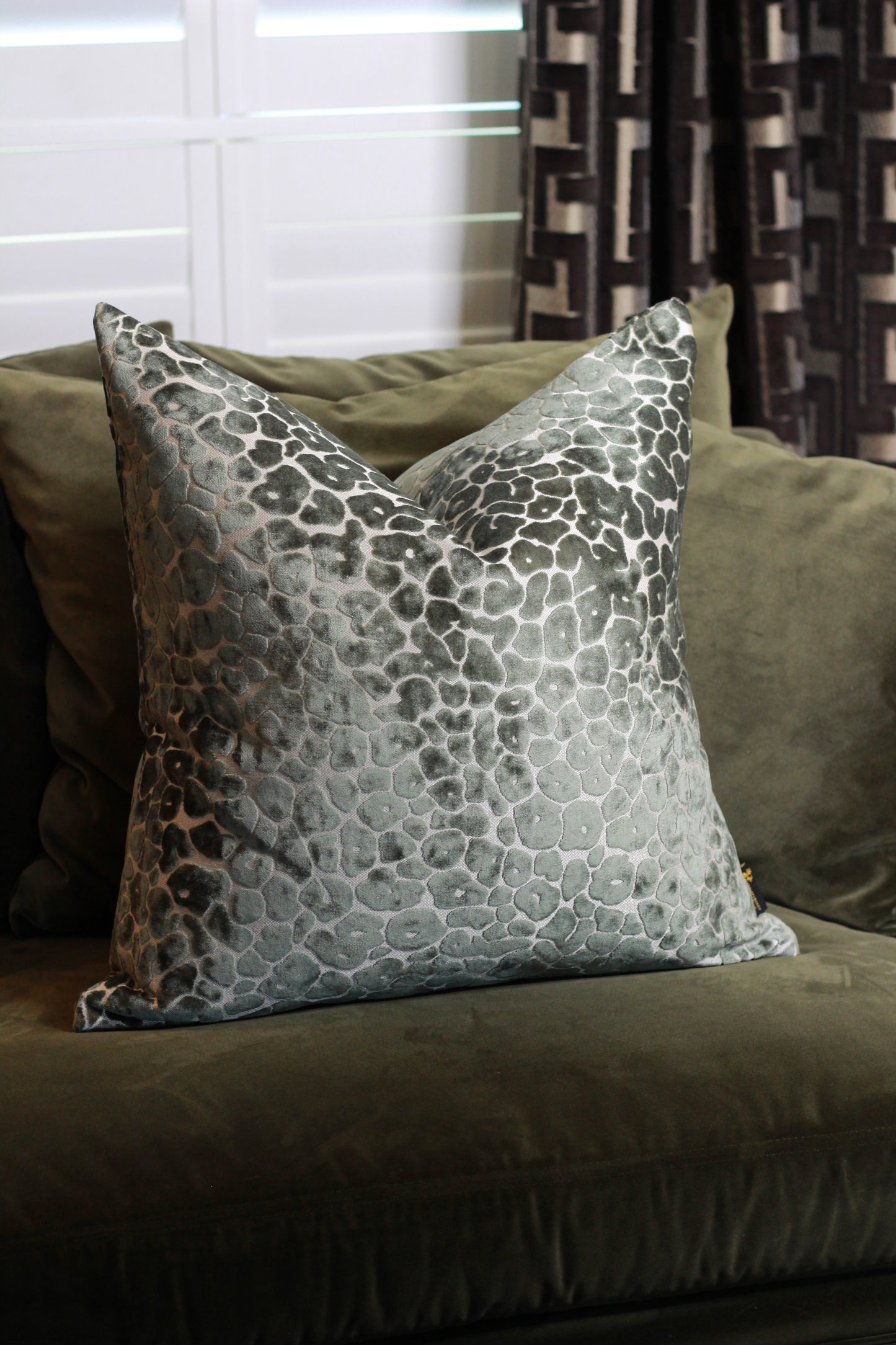 Sage Green Velvet Cut Leopard Spot Cushion - Large