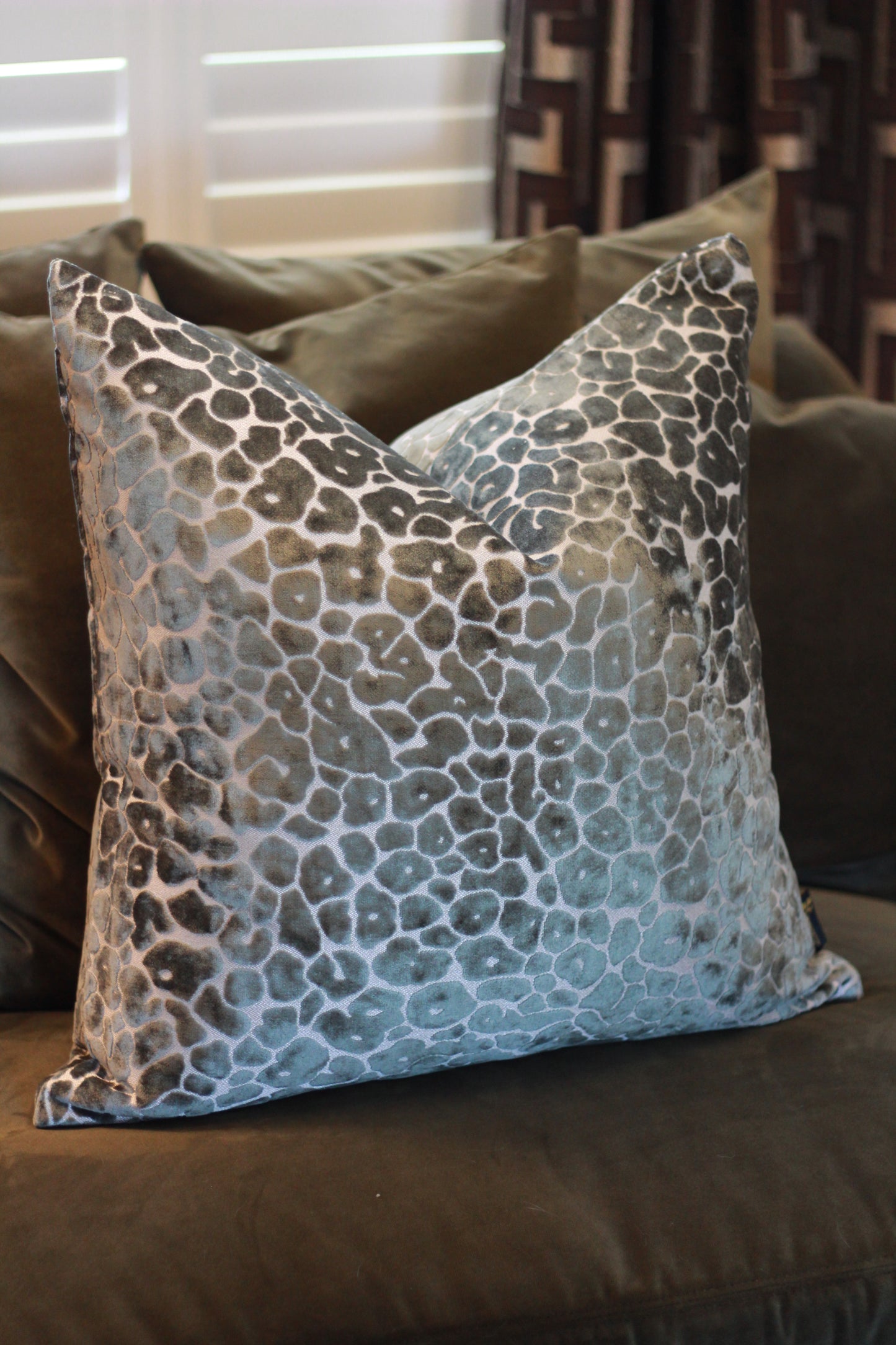 Sage Green Velvet Cut Leopard Spot Cushion - Large