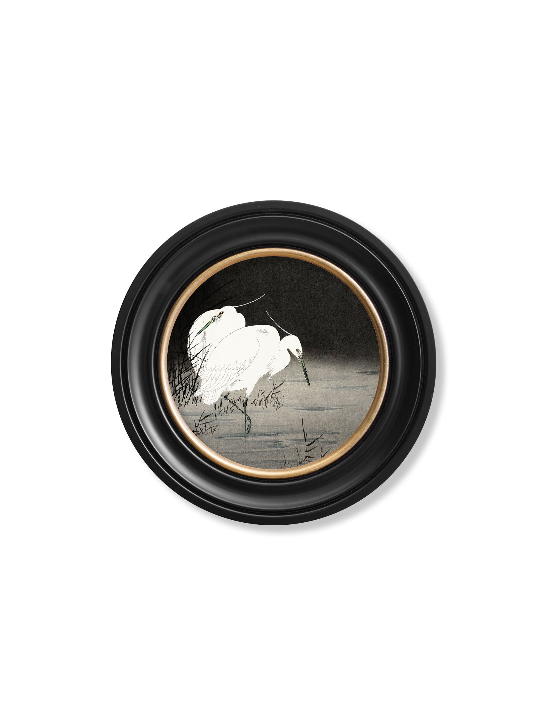 c.1910 Two Egrets in Reeds – Ohara Koson – Round styled view – Leya Buster Interiors