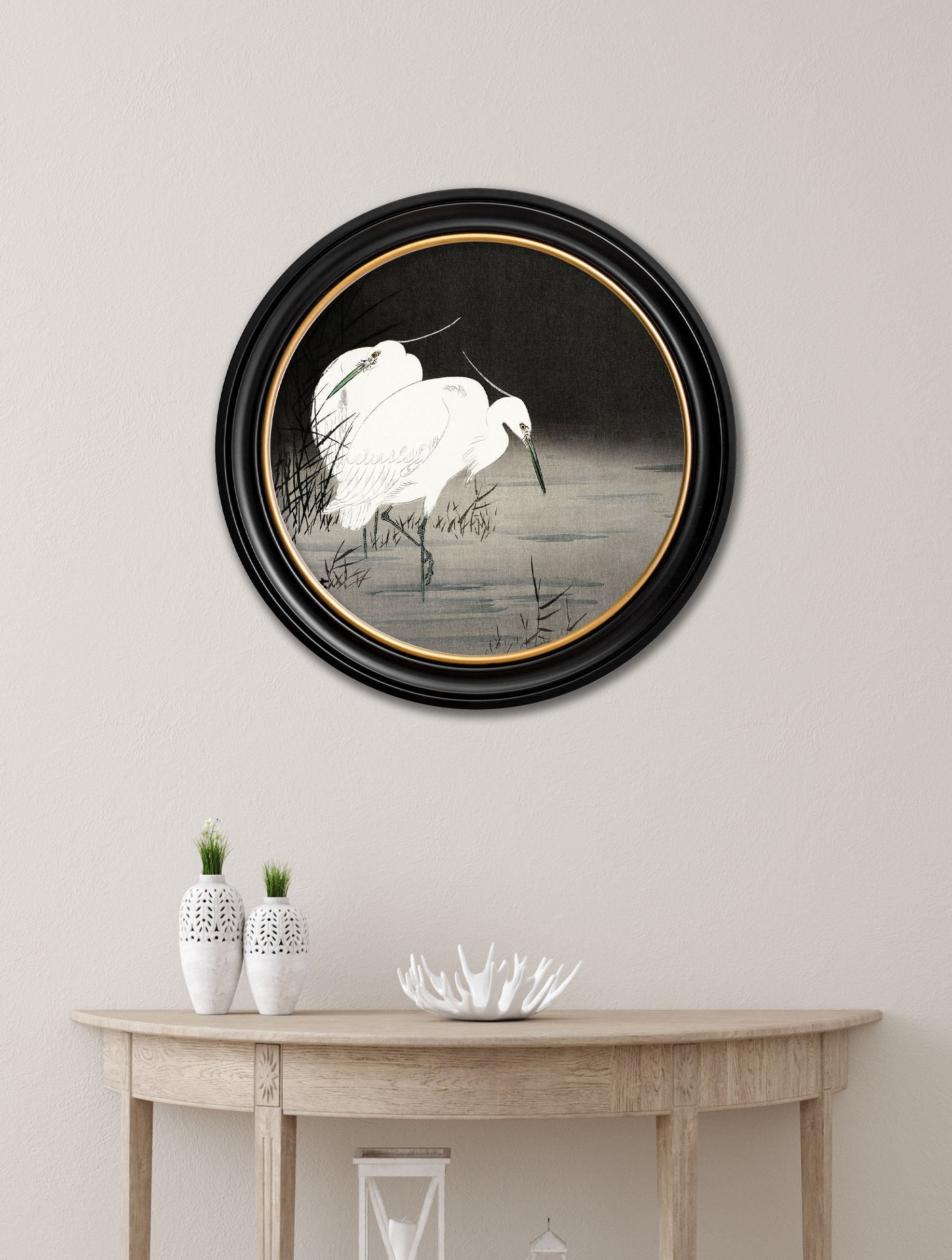 c.1910 Two Egrets in Reeds – Ohara Koson – Round – framed wall art at Leya Buster Interiors