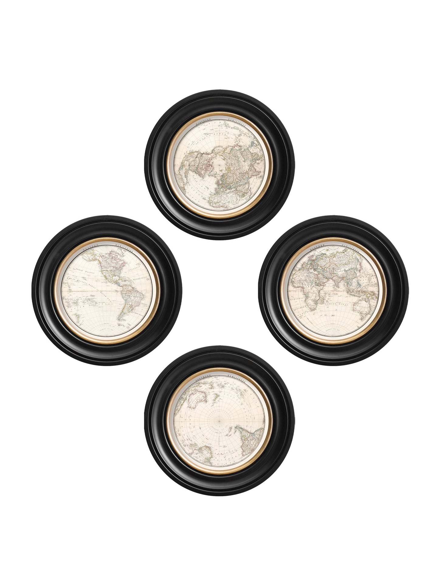 c.1838 World Map Hemispheres in Round Frames styled view – Leya Buster Interiors