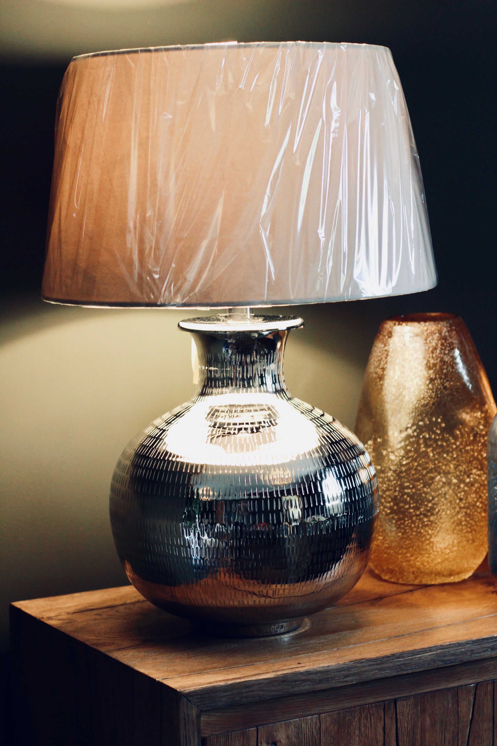 Nickel Plated Hammered Table Lamp styled view – Leya Buster Interiors