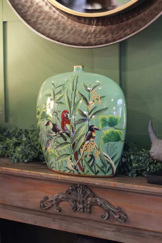 Hand Painted Tropical Birds In Paradise Vase