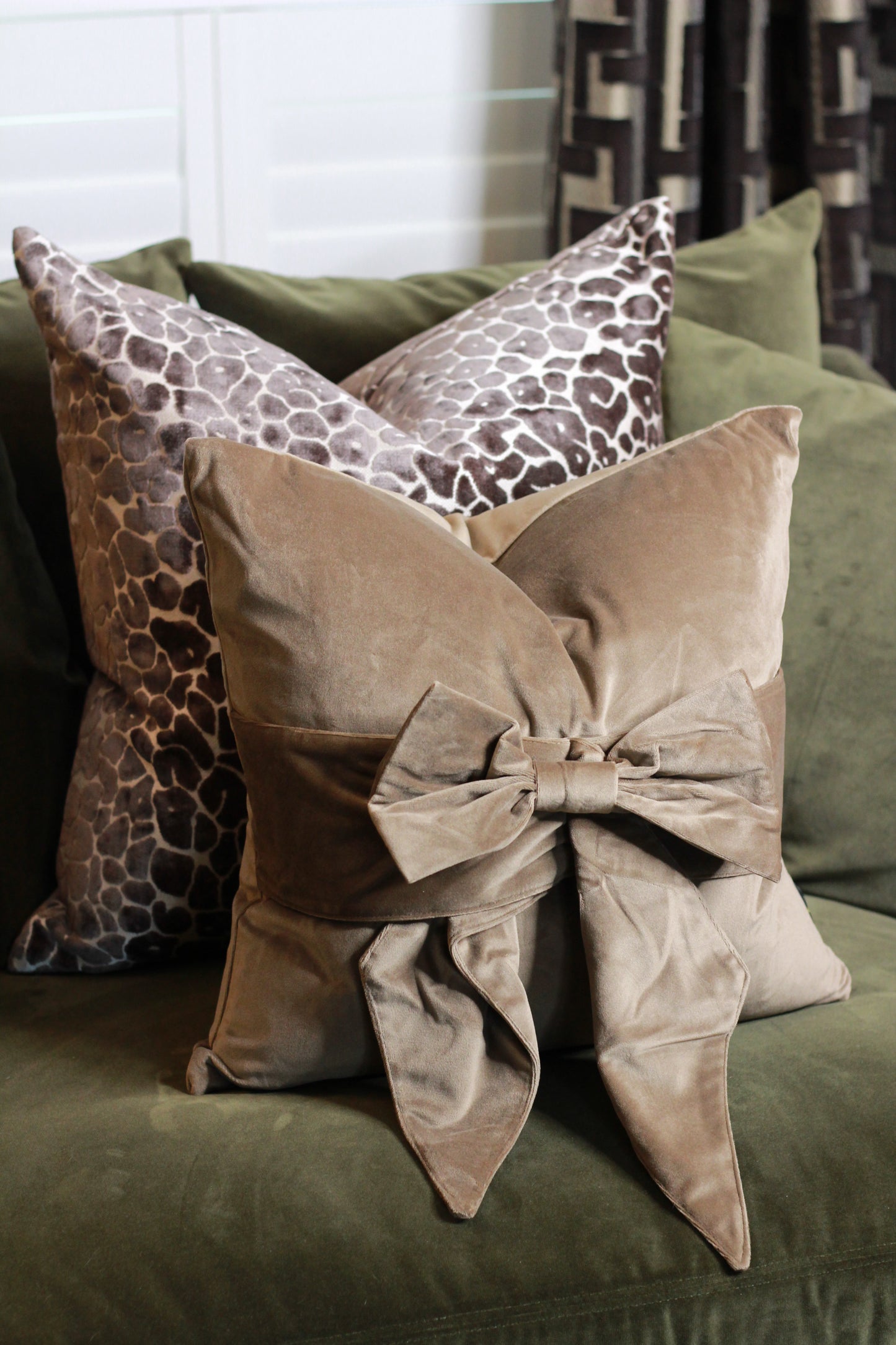 Brown Taupe Bow Velvet Cushion