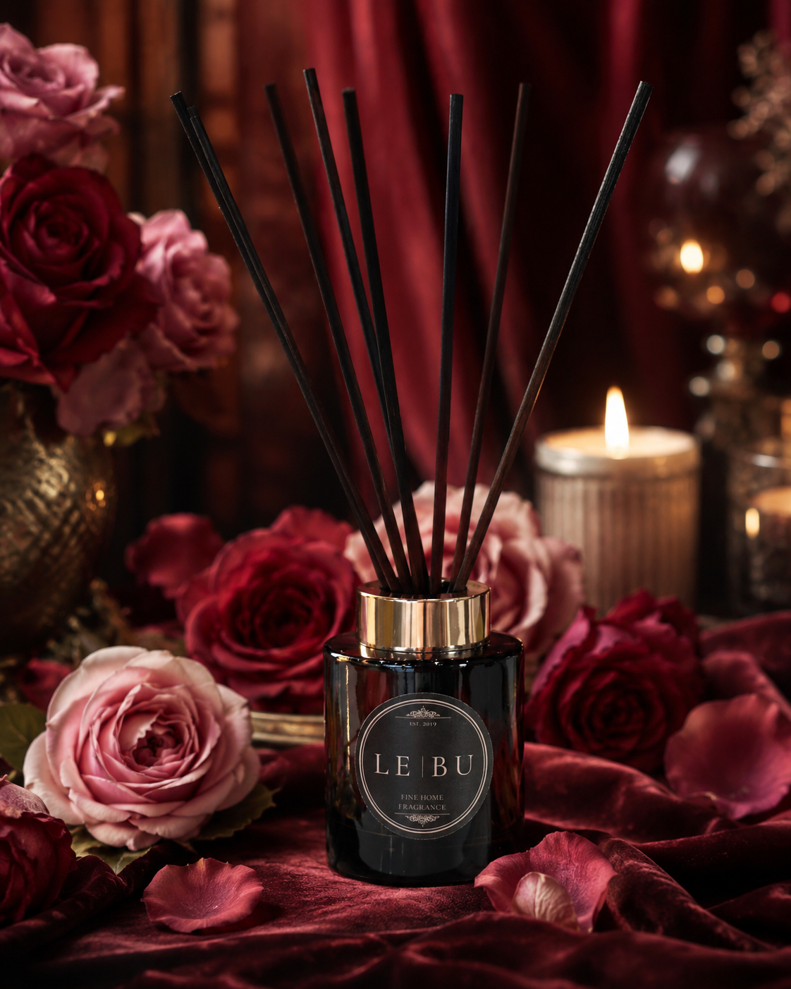 LE BU fine home fragrance diffuser with gold collar and black reeds in an elegant atmospheric home setting