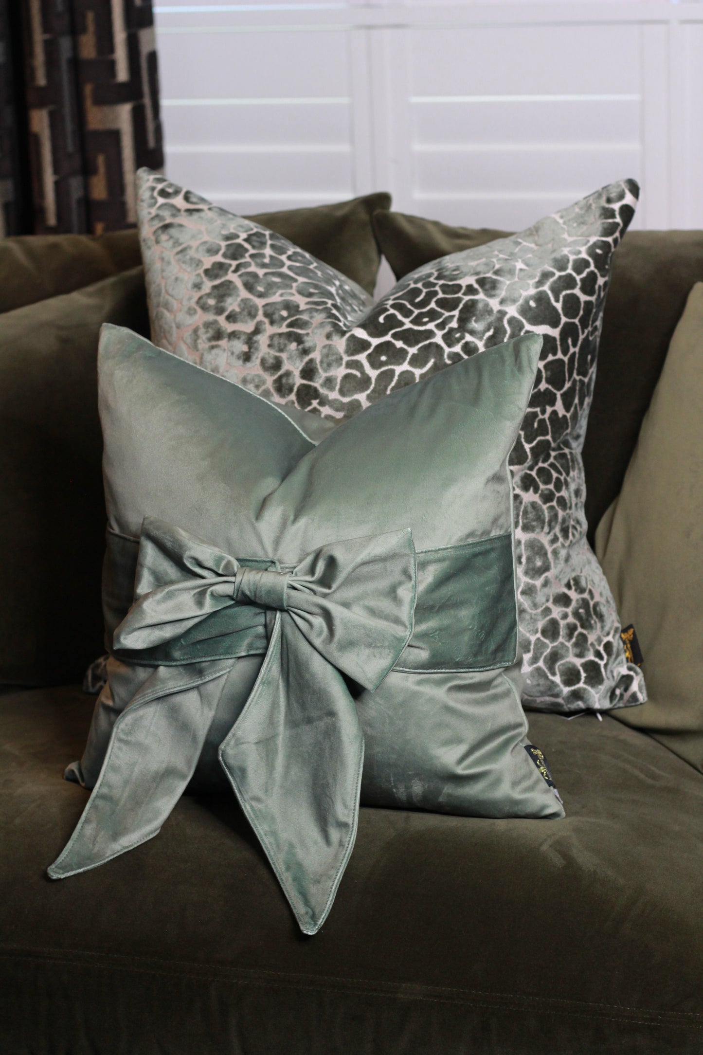 Sage Green Velvet Cut Leopard Spot Cushion - Large