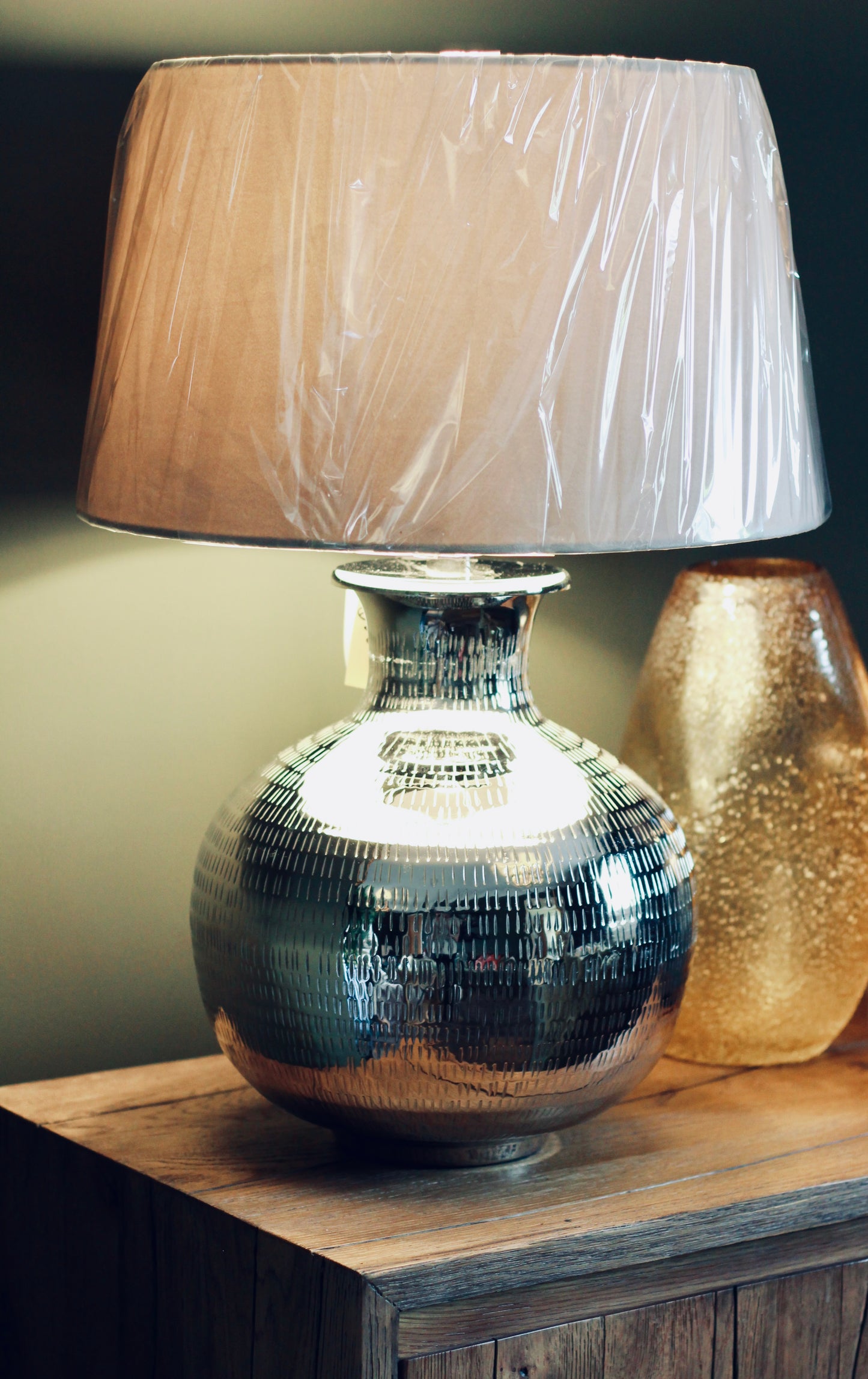 Nickel Plated Hammered Table Lamp styled view – Leya Buster Interiors