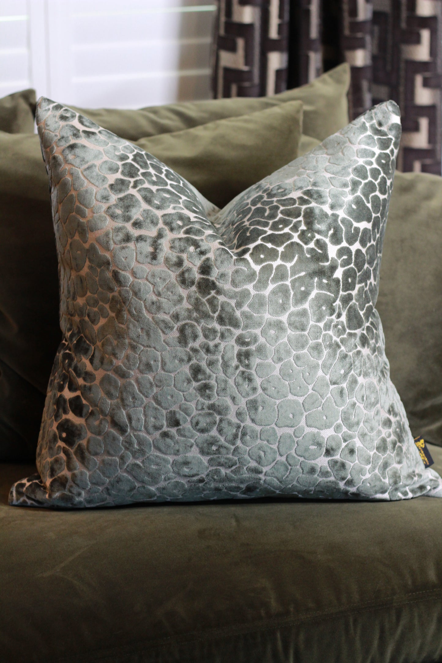Sage Green Velvet Cut Leopard Spot Cushion - Large