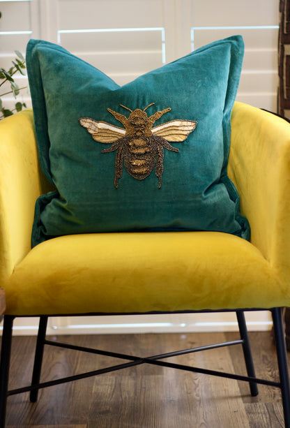 Luxe Bee Embellished Cushion – Teal styled view – Leya Buster Interiors