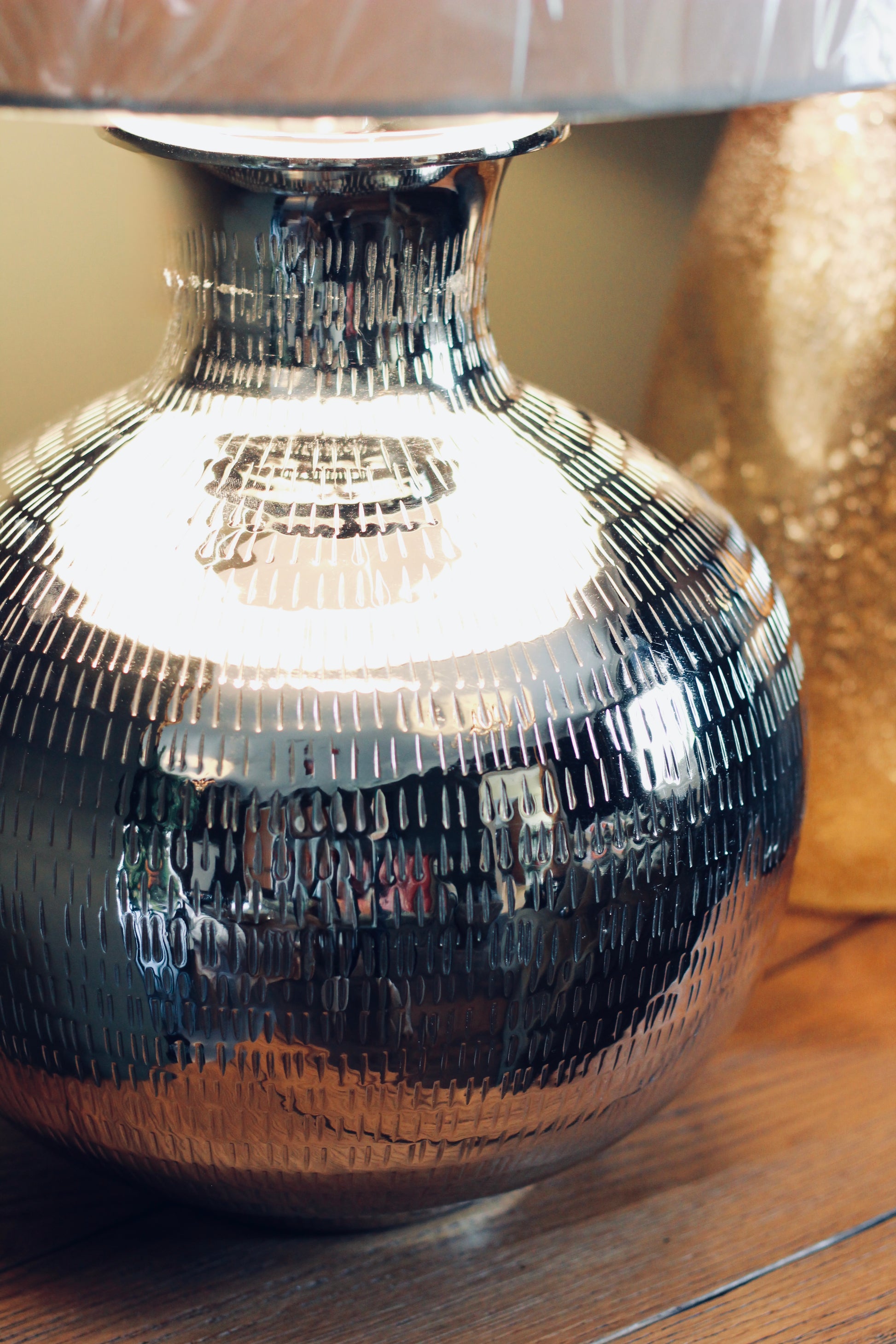 Nickel Plated Hammered Table Lamp styled view – Leya Buster Interiors