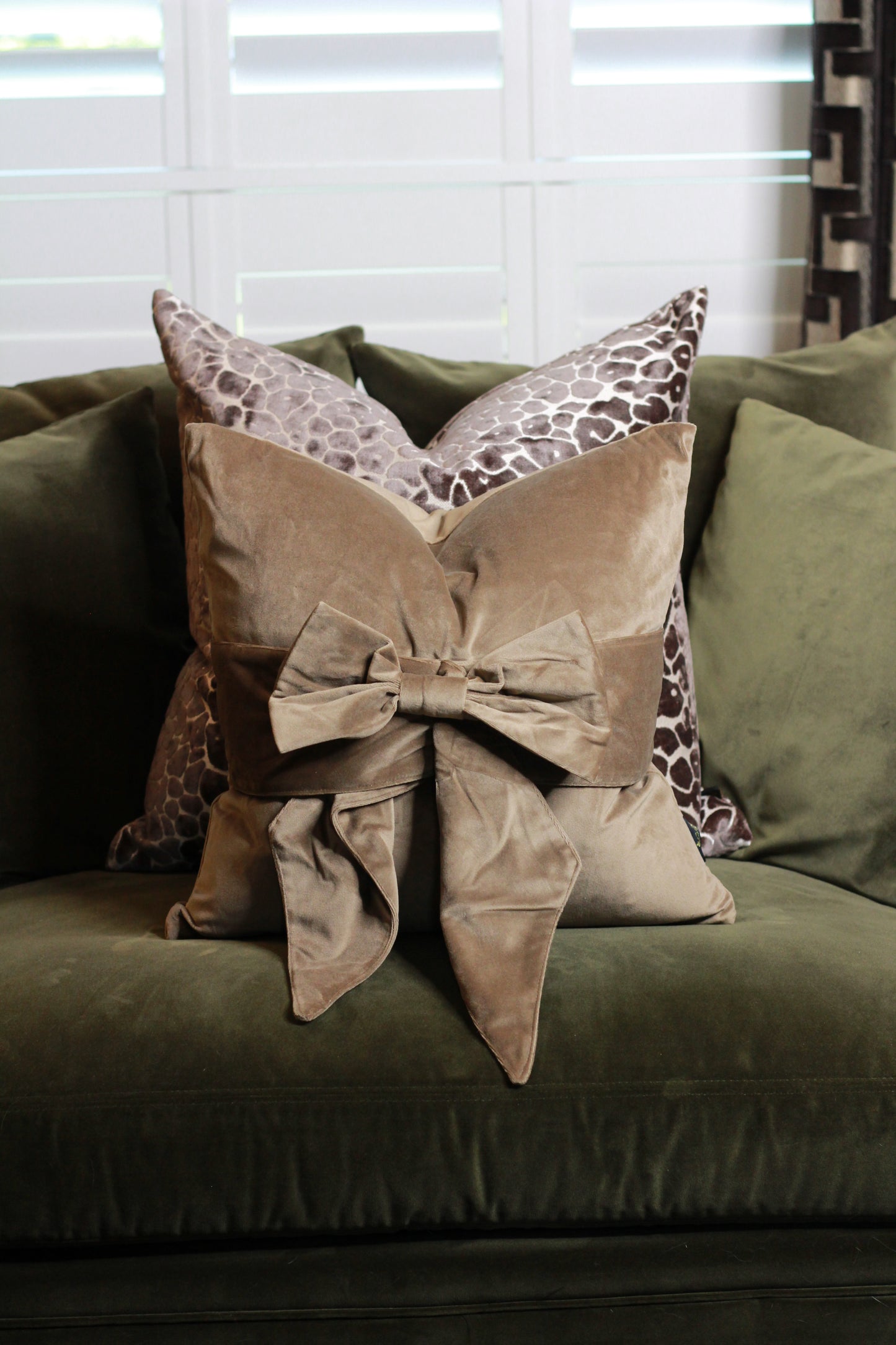 Brown Taupe Bow Velvet Cushion