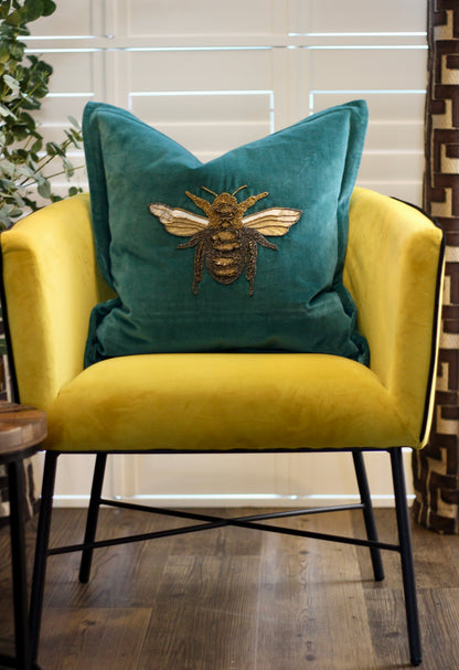 Luxe Bee Embellished Cushion – Teal styled view – Leya Buster Interiors