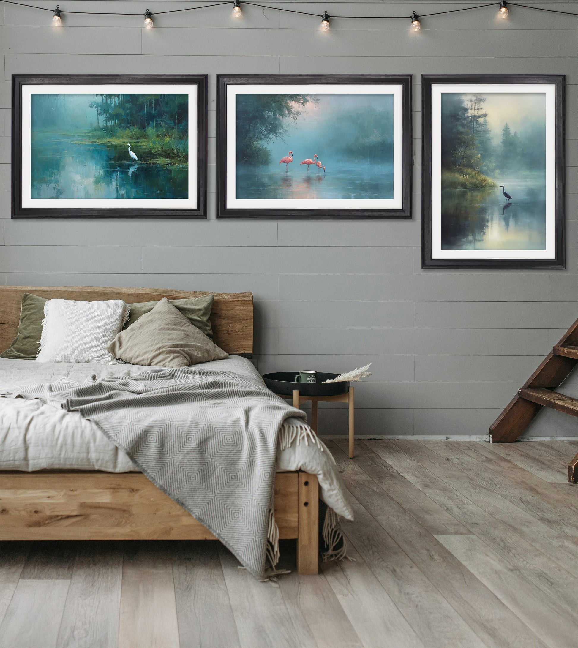 Misty Lake Heron – Black Hurstwood Frame styled view – Leya Buster Interiors