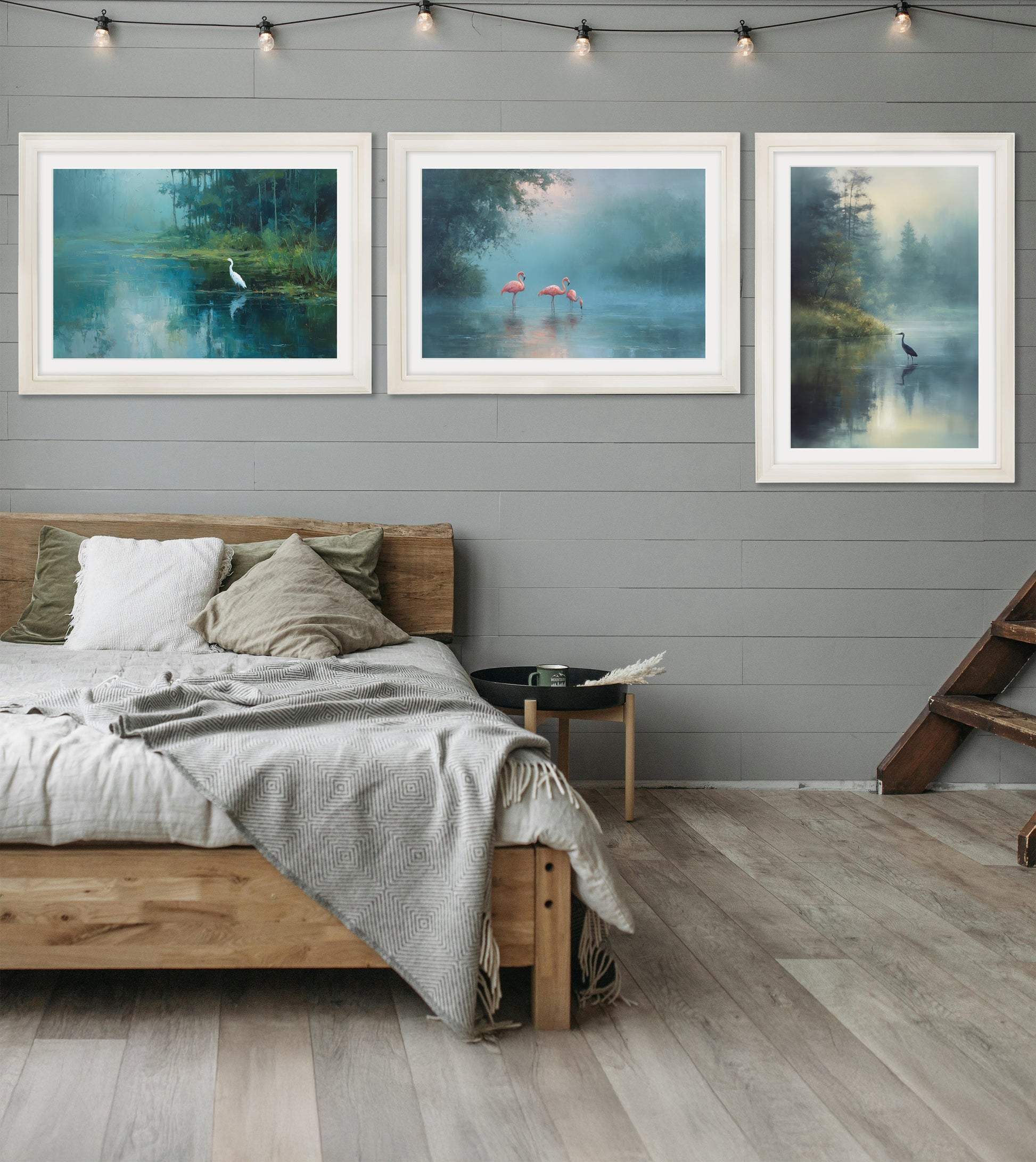 Misty Lake Great Egret – Cream Hurstwood Frame styled view – Leya Buster Interiors