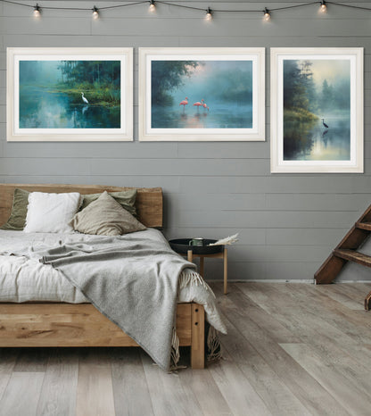 Misty Lake Great Egret – Cream Hurstwood Frame styled view – Leya Buster Interiors
