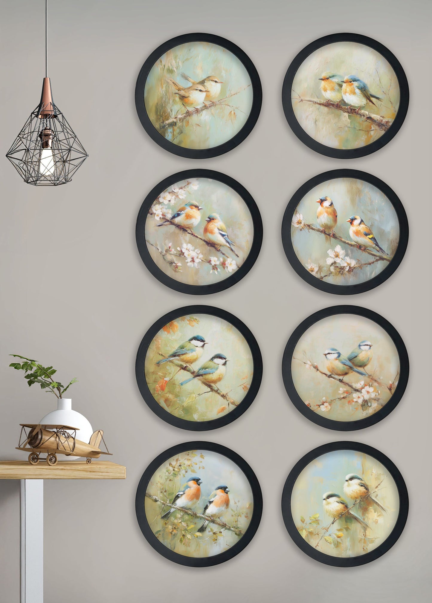 Garden Birds – 30cm Black Round Box Frame – framed wall art at Leya Buster Interiors