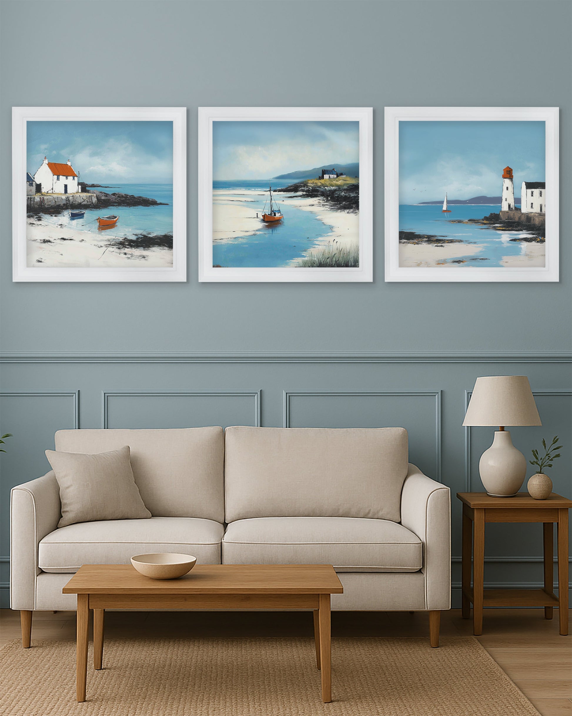 The Coastal Lighthouse – White Hurstwood Square Frame styled view – Leya Buster Interiors