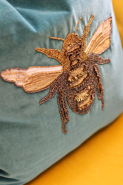 Luxe Bee Embellished Cushion – Teal styled view – Leya Buster Interiors