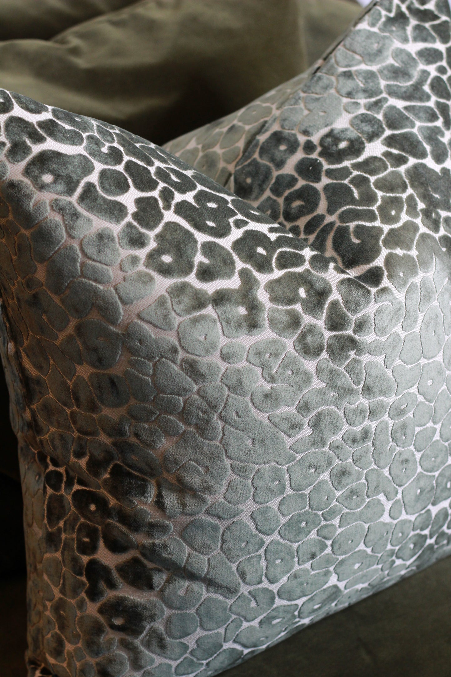 Sage Green Velvet Cut Leopard Spot Cushion - Large