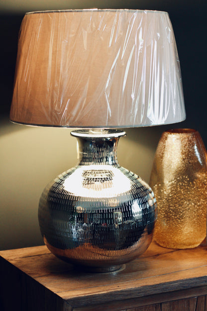 Nickel Plated Hammered Table Lamp styled view – Leya Buster Interiors