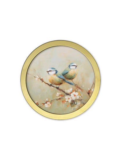 Garden Birds – 30cm Gold Round Box Frame styled view – Leya Buster Interiors