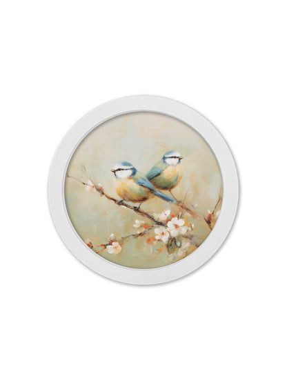 Garden Birds – 30cm White Round Box Frame styled view – Leya Buster Interiors