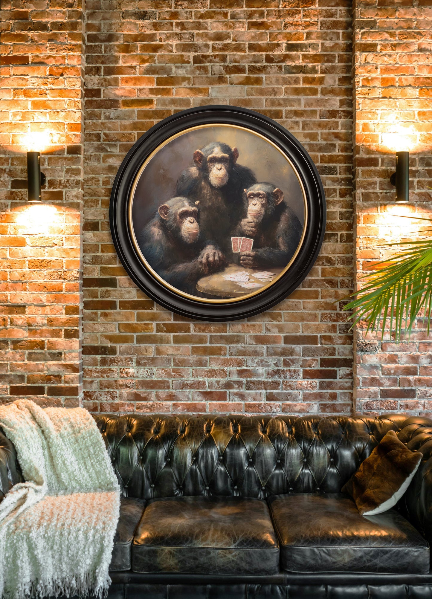 The Card – Playing Chimps – Oxford Round Frame – framed wall art at Leya Buster Interiors