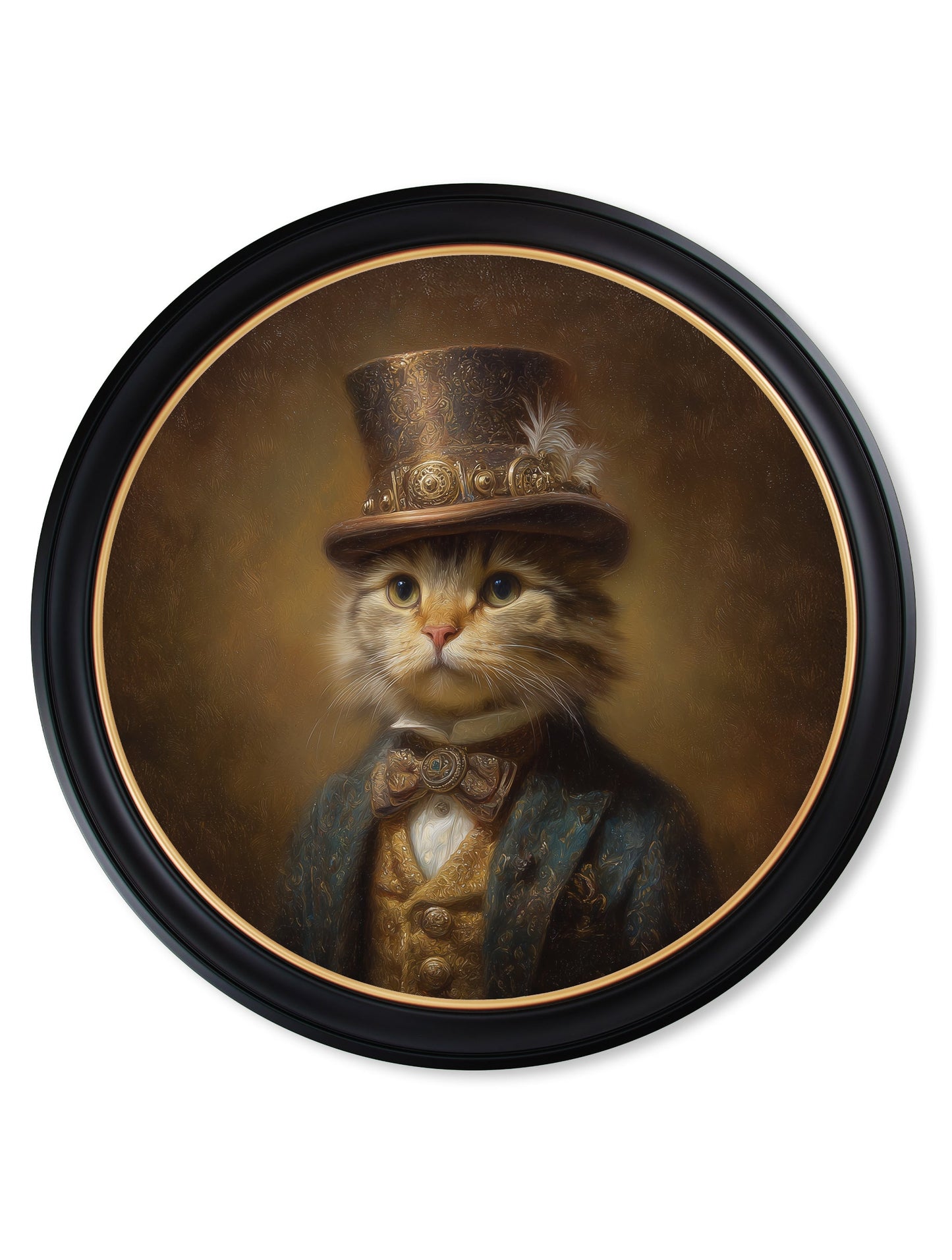 Lord Whiskerby – Gentleman Tabby Cat Oxford Round Frame styled view – Leya Buster Interiors
