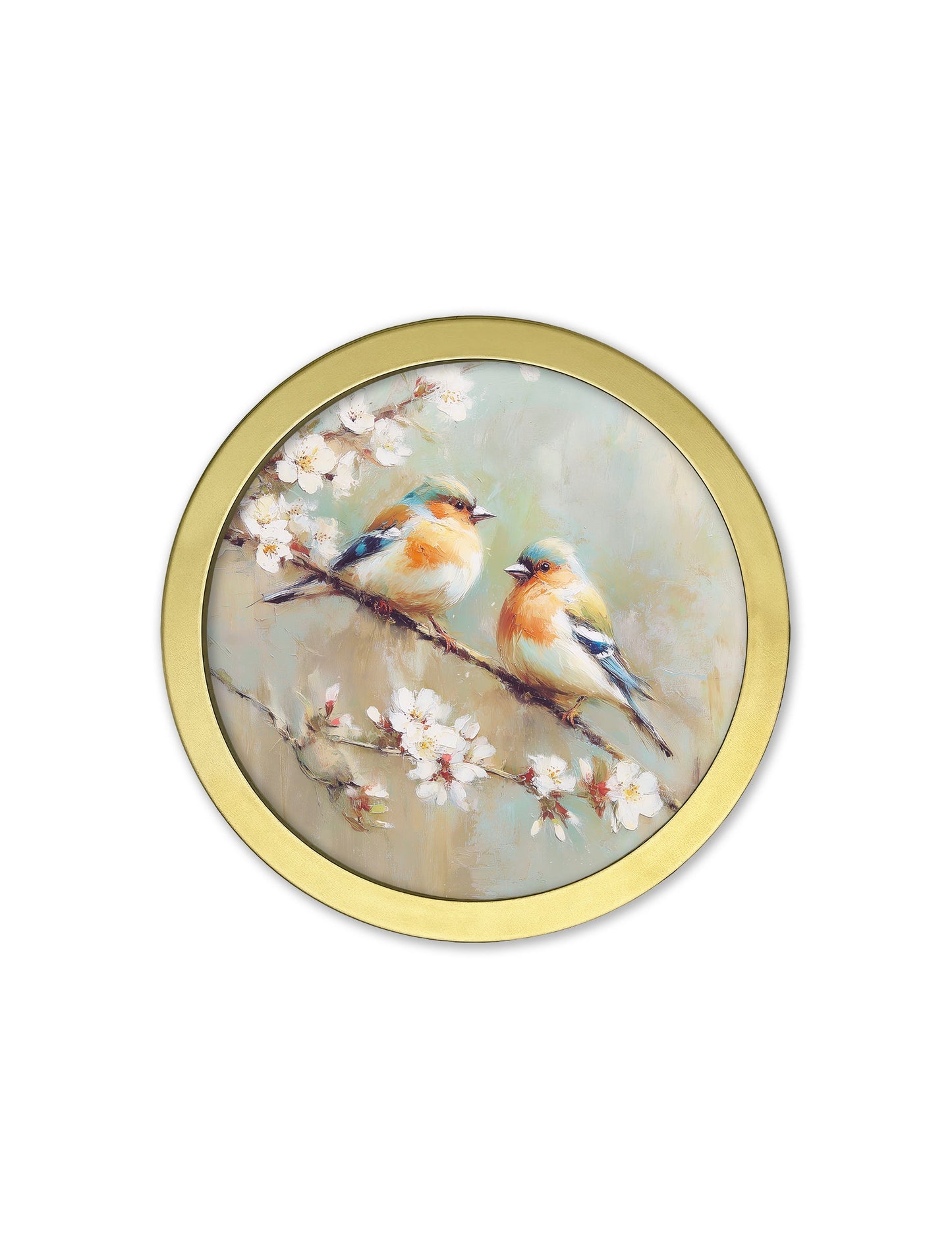 Garden Birds – 30cm Gold Round Box Frame styled view – Leya Buster Interiors