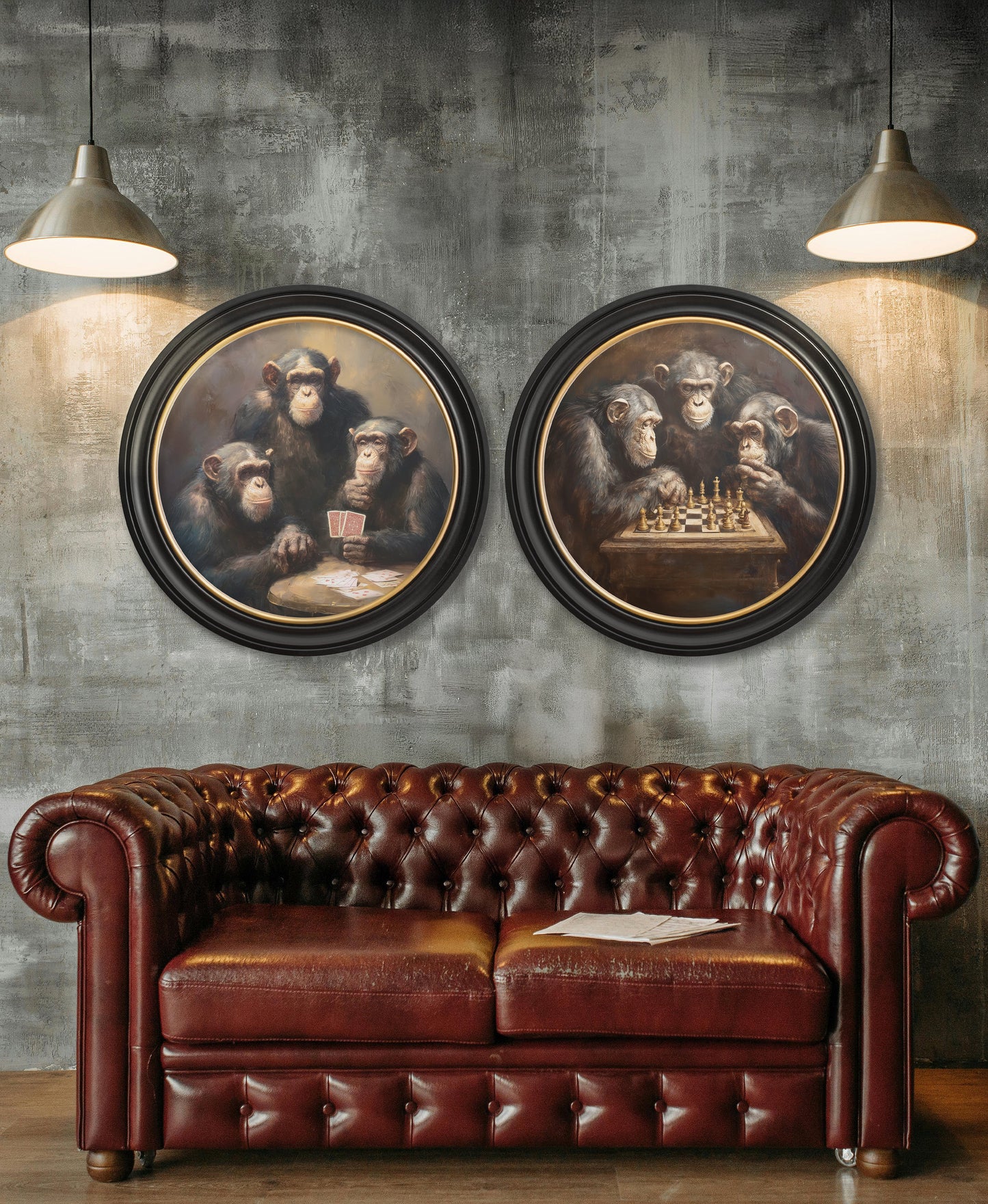 The Card – Playing Chimps – Oxford Round Frame styled view – Leya Buster Interiors