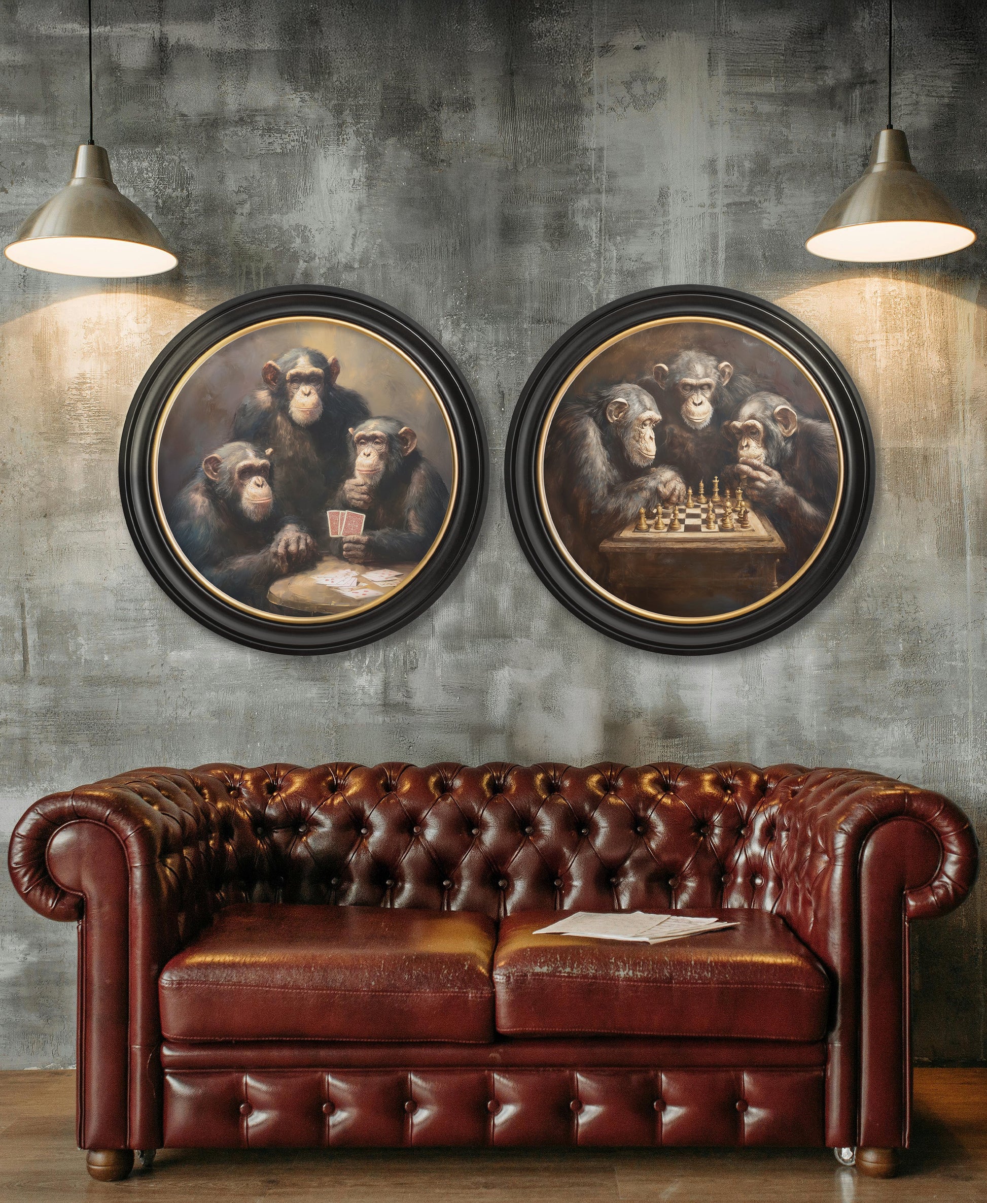 The Card – Playing Chimps – Oxford Round Frame styled view – Leya Buster Interiors