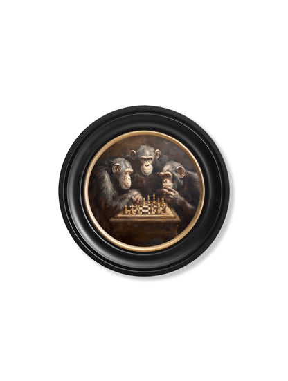 The Chess – Playing Chimps – Oxford Round Frame styled view – Leya Buster Interiors