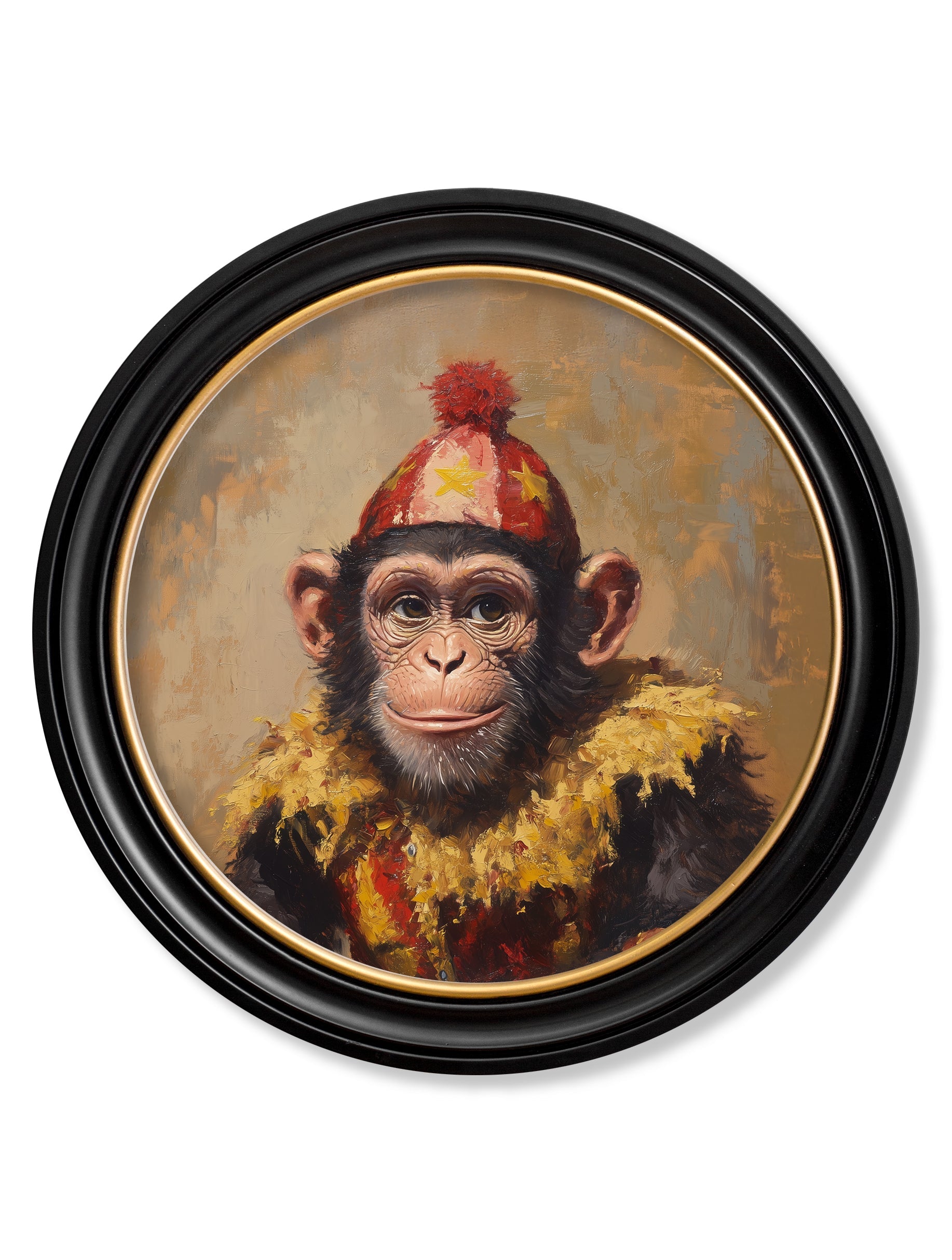 Chimpy the Daring – Circus Chimpanzee Oxford Round Frame detail – Leya Buster Interiors