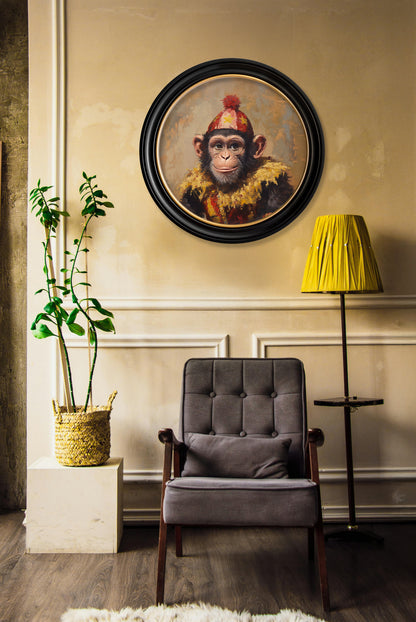 Chimpy the Daring – Circus Chimpanzee Oxford Round Frame – framed wall art at Leya Buster Interiors