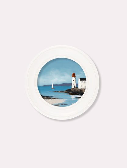 The Coastal Lighthouse – Oxford White Round Frame styled view – Leya Buster Interiors