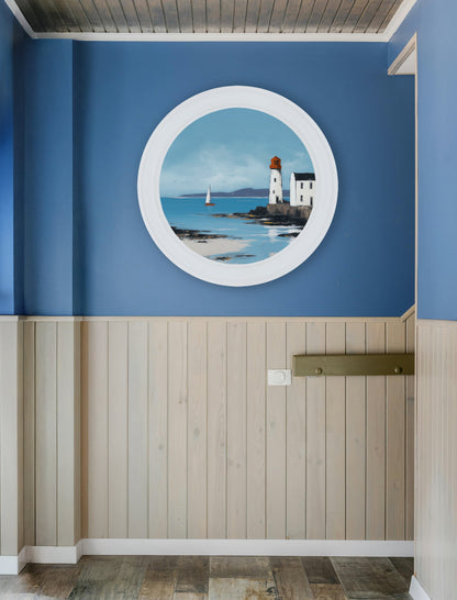 The Coastal Lighthouse – Oxford White Round Frame – framed wall art at Leya Buster Interiors
