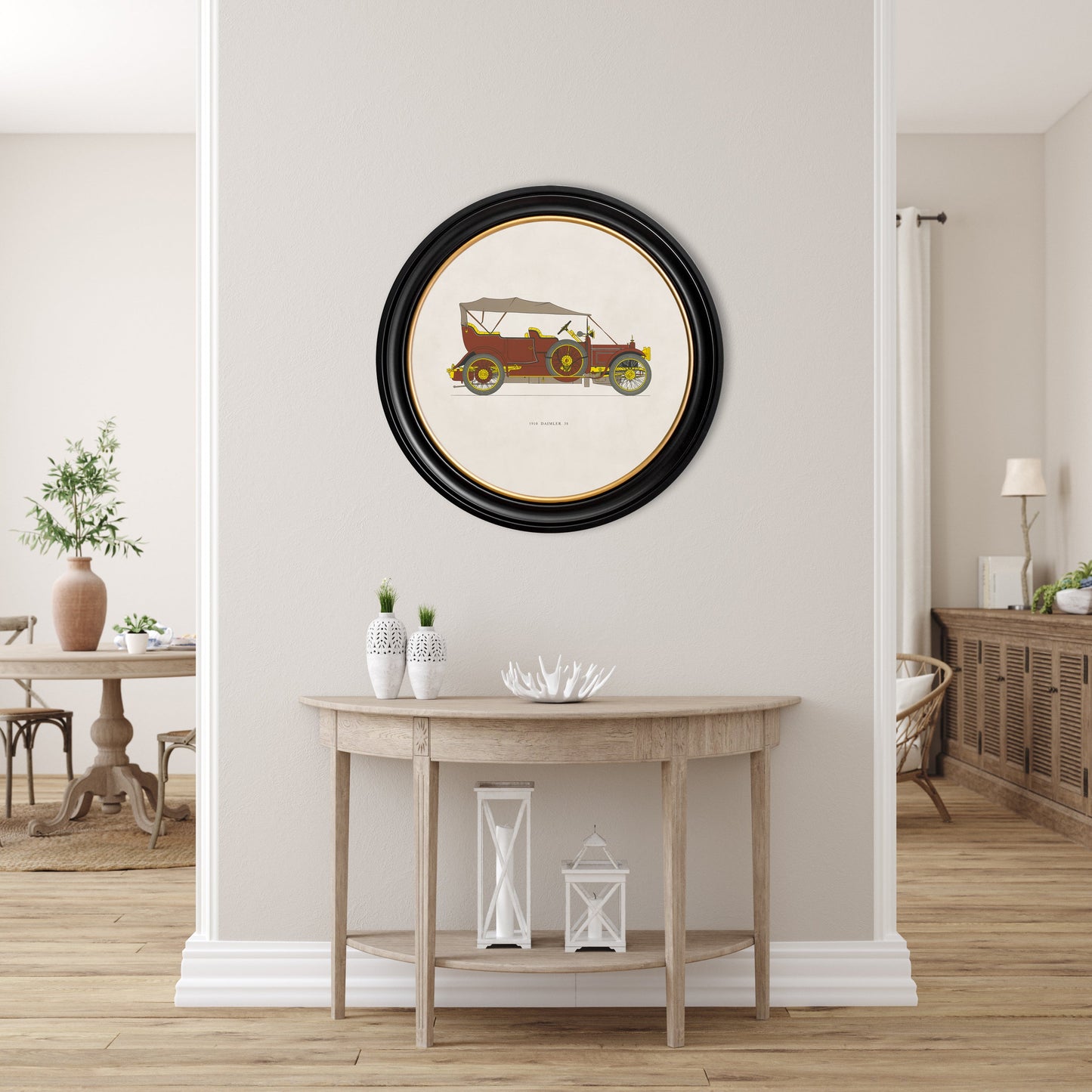 1910 DAIMLER 38 in Round Frame – framed wall art at Leya Buster Interiors