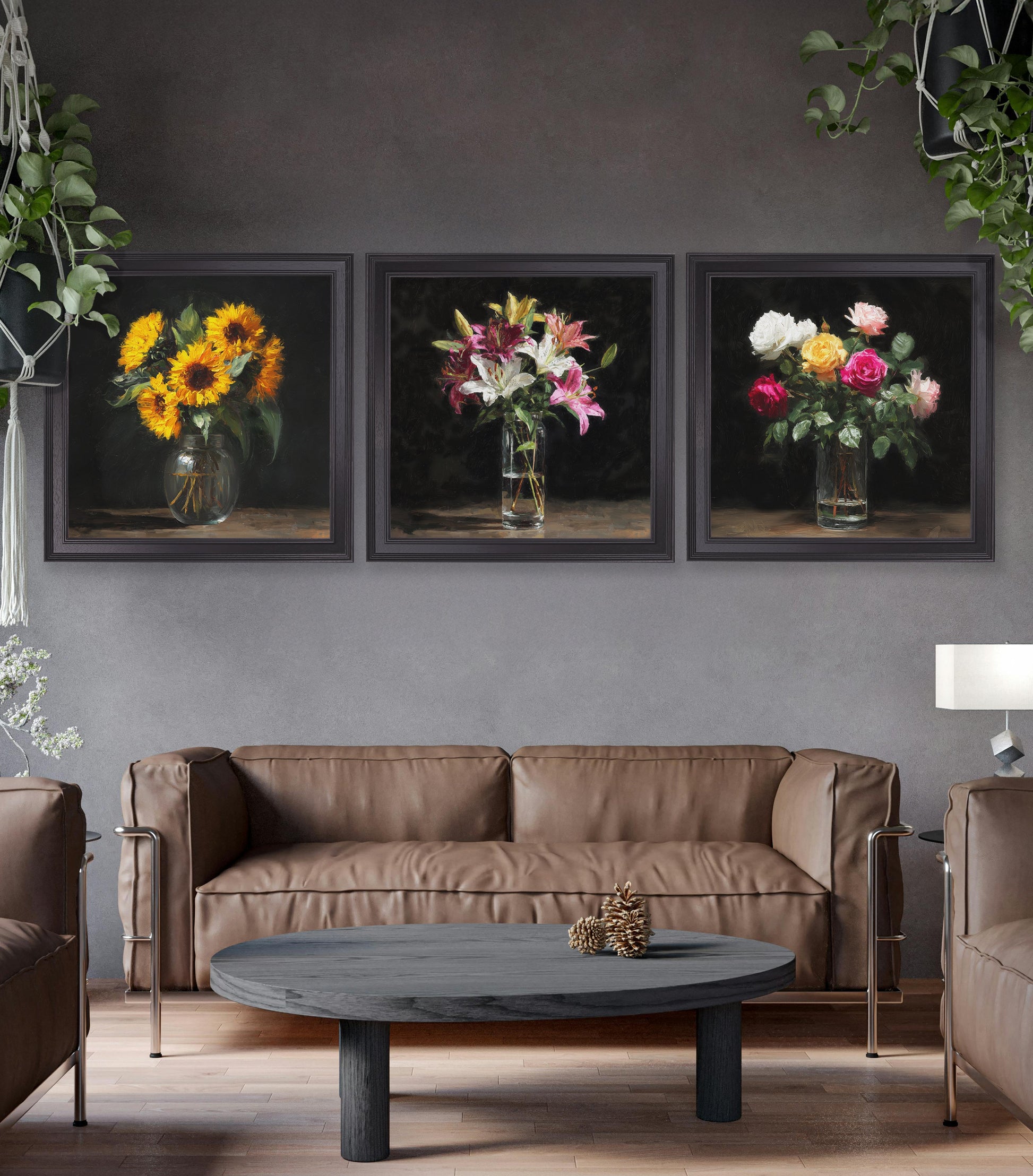 Sunflowers After Dark – Black Hurstwood Square Frame styled view – Leya Buster Interiors