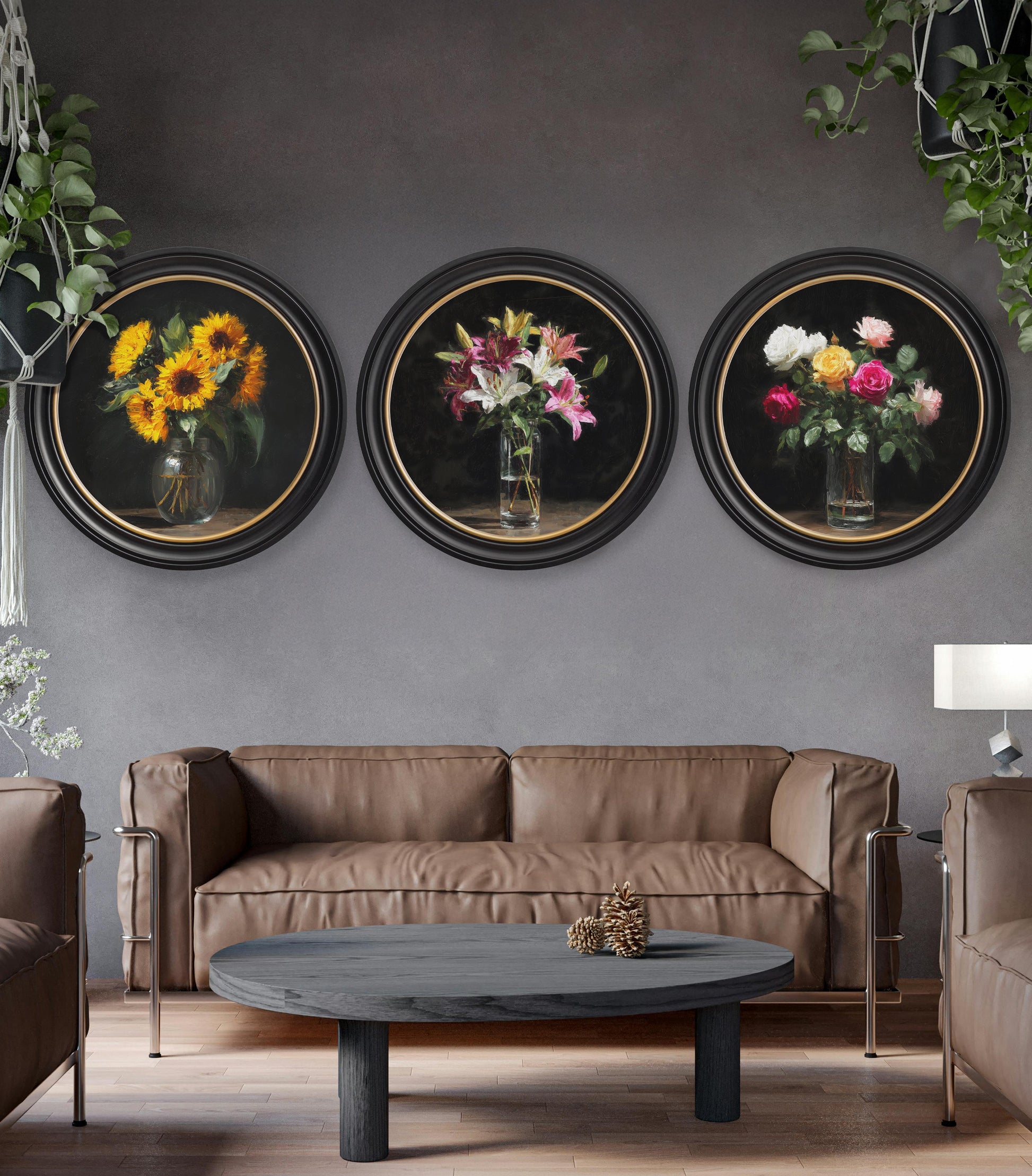 Lilies After Dark – Oxford Round Frame styled view – Leya Buster Interiors